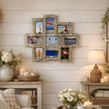 Rustic multi-opening photo collage wall frame displayed on white shiplap wall in cozy cottage living room with woven lamp, candles, flowers, and vintage wood furniture.