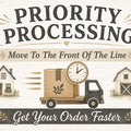 Priority Processing with a truck, clock, and houses illustration.