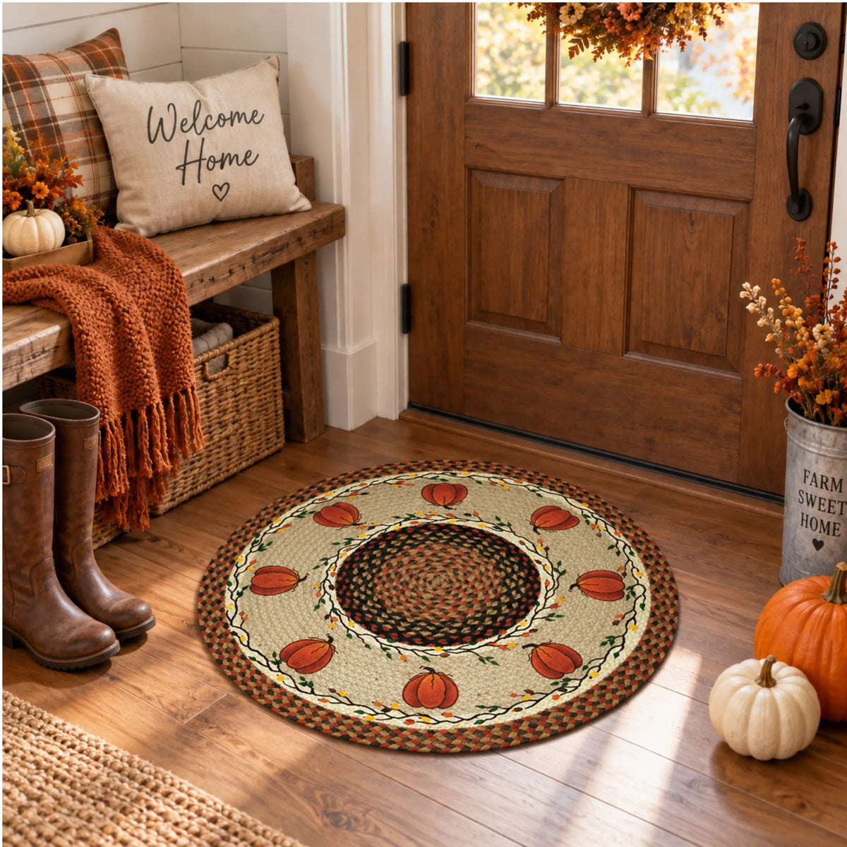 Pumpkin Round Jute Rug - 27" Braided Fall Farmhouse Rug | Farmhouse World