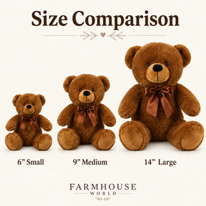 Size comparison chart showing three brown plush teddy bears in small, medium, and large sizes labeled 6 inches, 9 inches, and 14 inches, with the text 'Size Comparison' and 'FARMSHORE WORLD' on a light cream background.