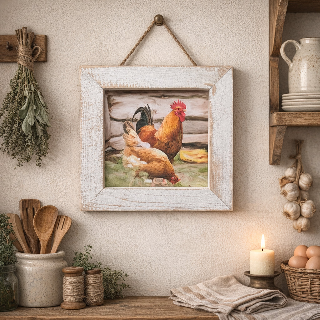 Framed artwork of chickens hanging on a rustic wall with wooden shelves and kitchen items.