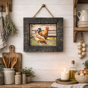 Nostalgic kitchen decor with framed picture of chickens, wooden cutting boards, and rustic elements.