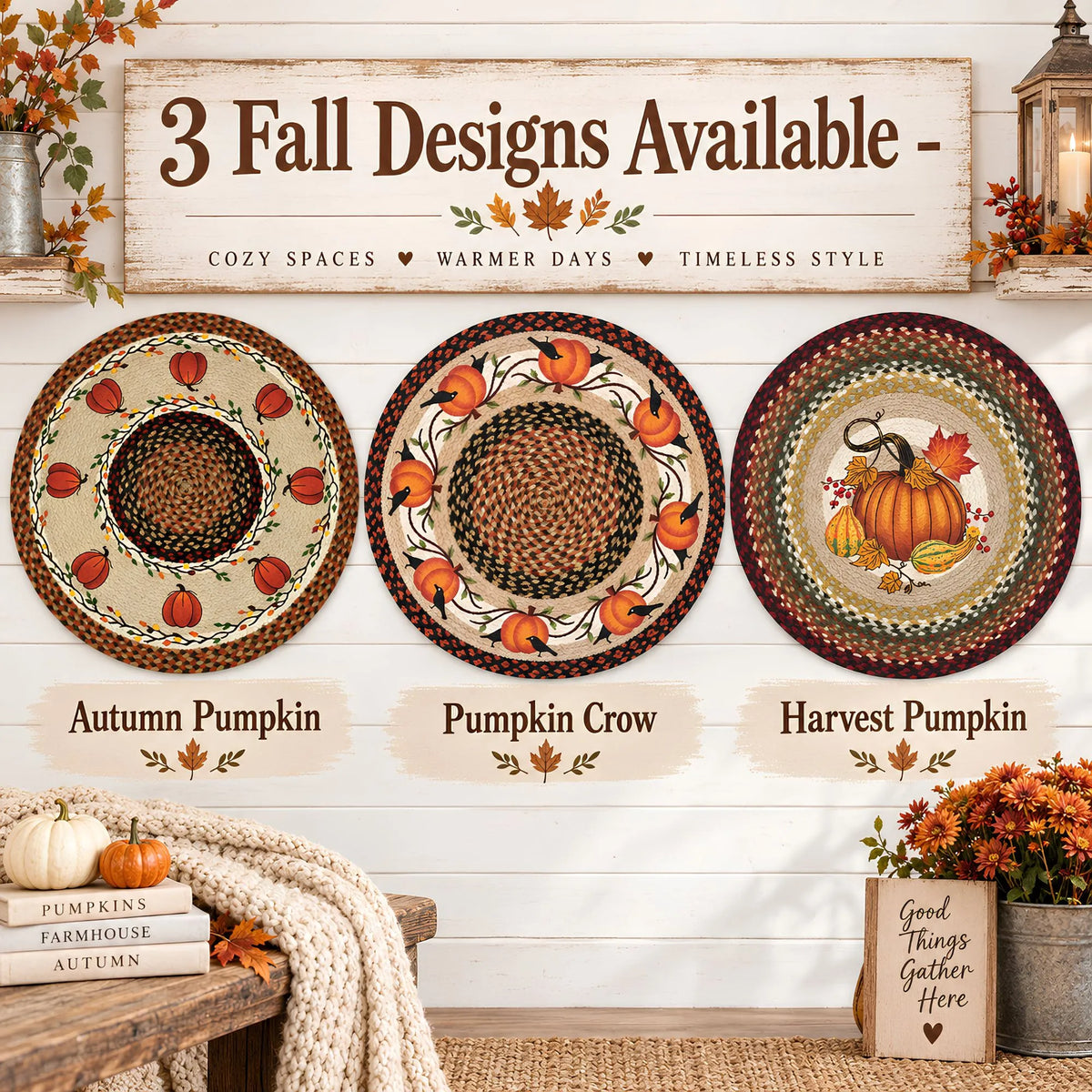 Three decorative woven wall hangings displayed on a white shiplap wall, with a sign above reading '3 Fall Designs Available' and labels below identifying 'Autumn Pumpkin,' 'Pumpkin Crow,' and 'Harvest Pumpkin.' The scene includes fall decor props such as pumpkins, flowers, a lantern, and a bench.