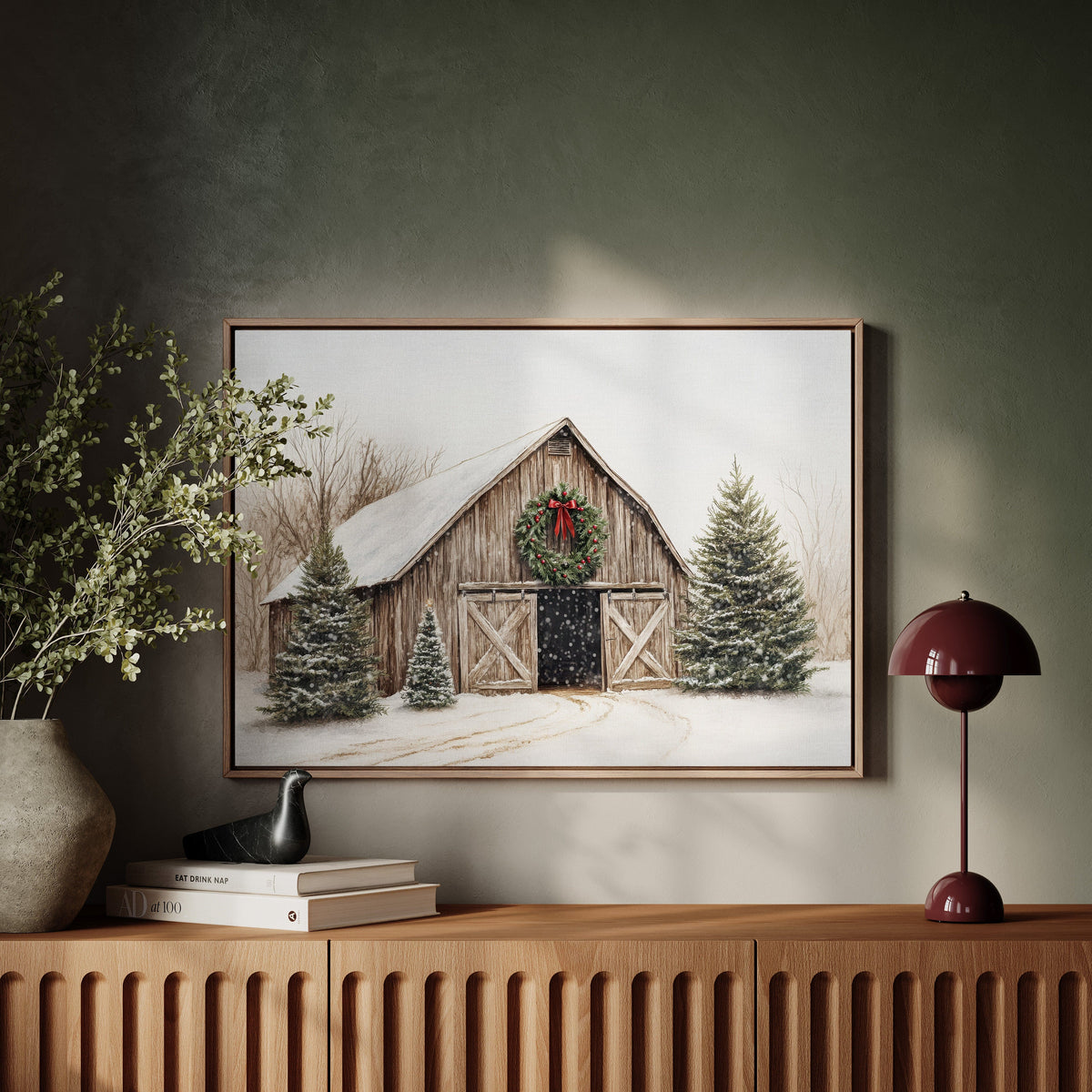 Rustic Christmas Barn  |  Cozy Winter Farmhouse Wall Art Print | Farmhouse World