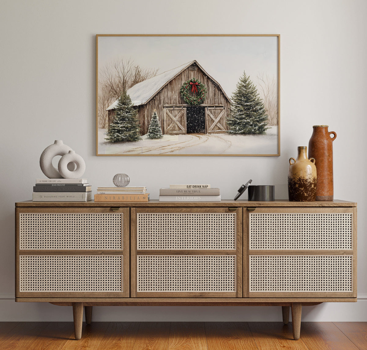 Rustic Christmas Barn  |  Cozy Winter Farmhouse Wall Art Print | Farmhouse World