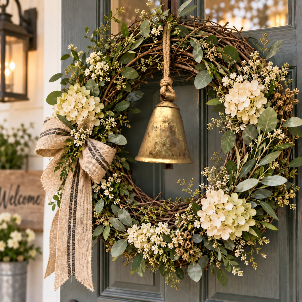 A rustic cow bell in a grapevine wreath hanging on a dark teal front door, decorated with green foliage, cream hydrangeas, small white flowers, a large burlap ribbon bow.
