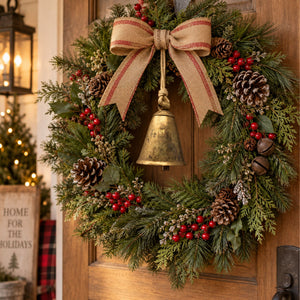 Rustic antique gold cow bell styled with Christmas wreath greenery