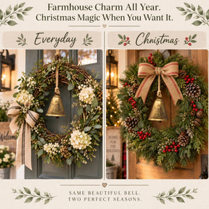 A holiday promotional collage showing two decorative wreaths hanging on front doors. The left wreath is green with white flowers, a beige ribbon bow, and a brass bell, displayed on a dark door under the heading 'Everyday.