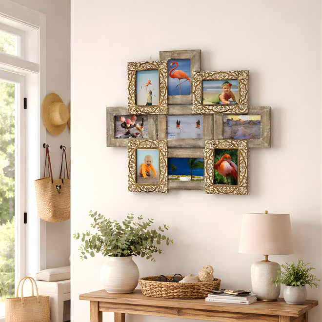 Farmhouse style multi-picture collage frame hanging on soft neutral wall above wooden entryway table with woven baskets, lamp, greenery, and natural decor accents.