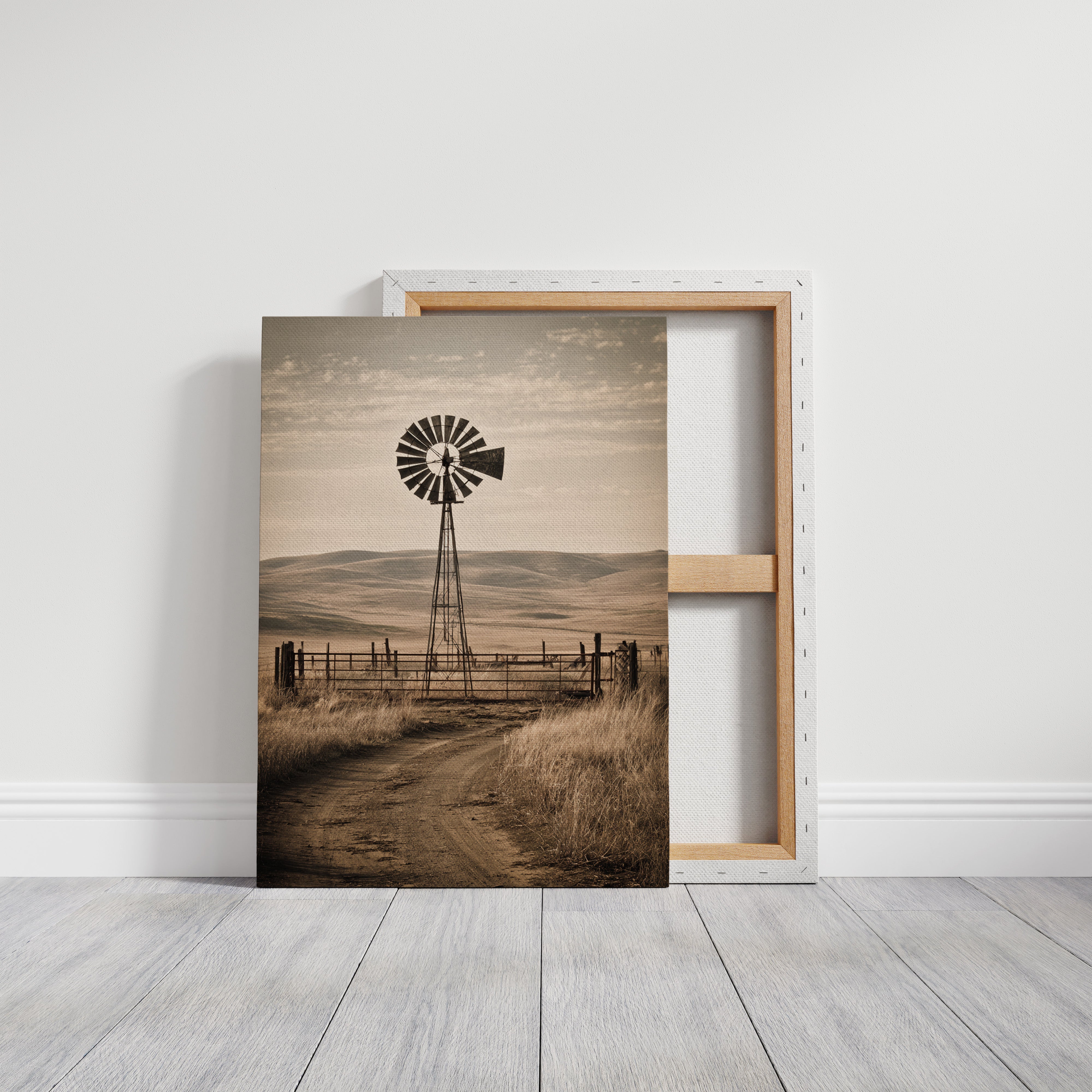 vintage rural windmill print with golden fields