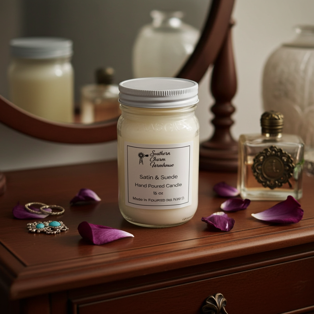 Satin & Suede Candle & Wax Melt | Jasmine & Woods | Farmhouse World