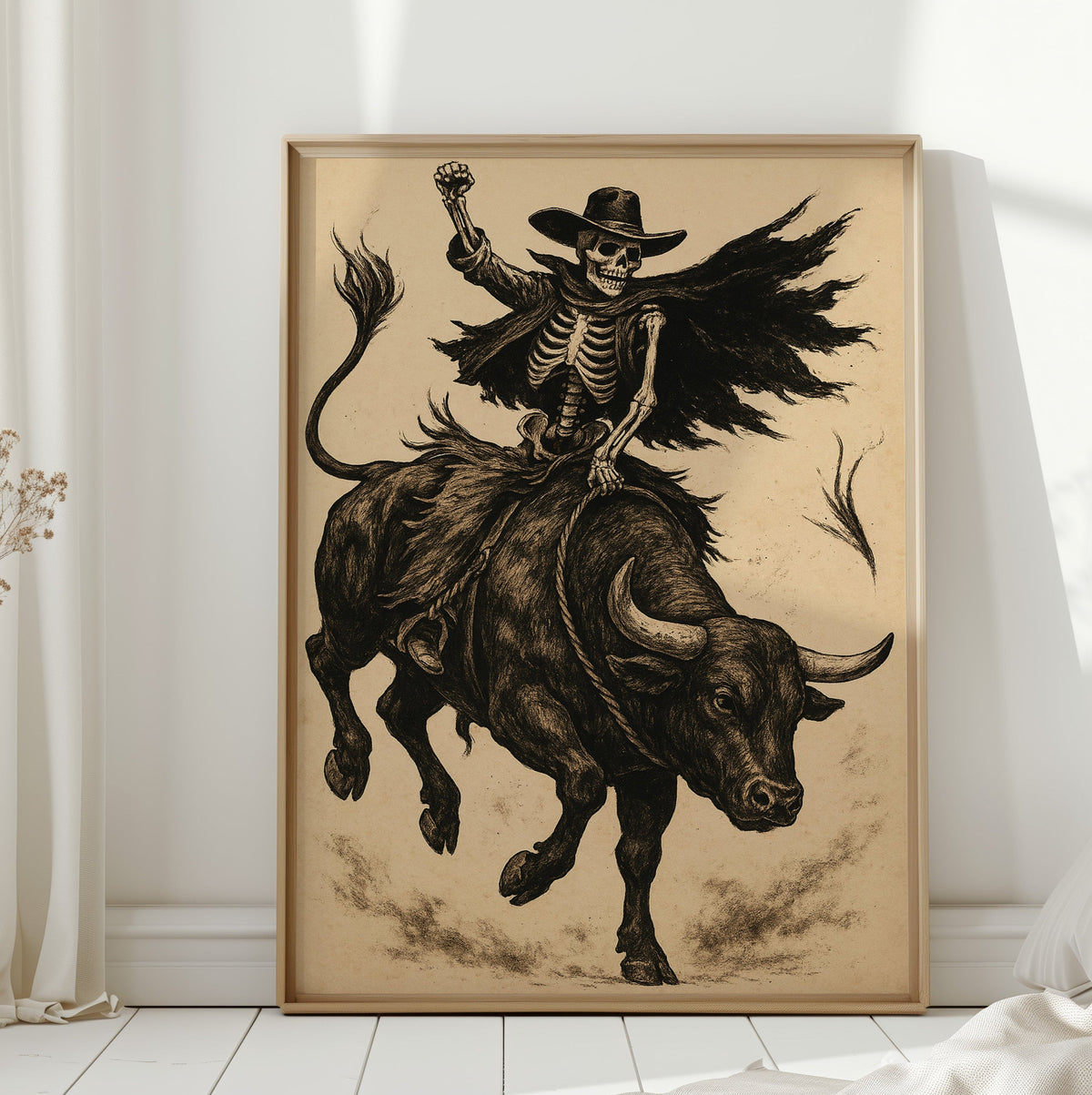 Skeleton Bull Rider  |  Vintage Western Rodeo Skull Art Print | Farmhouse World