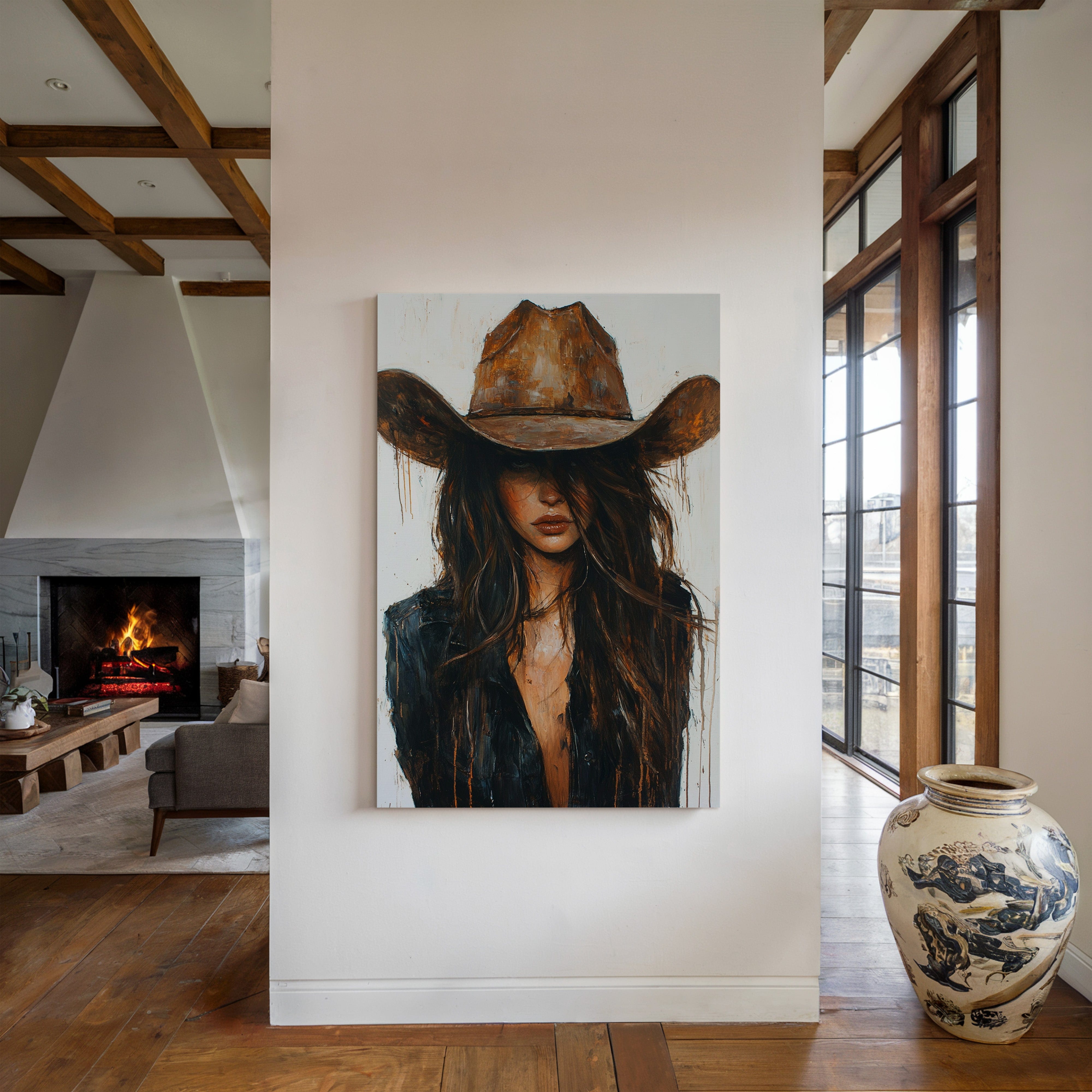 dark haired cowgirl wall art for ranch home decor
