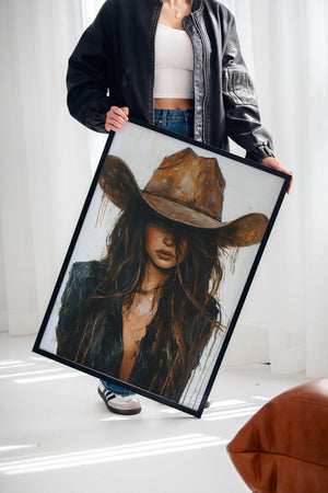 modern western cowgirl black framed canvas art in warm neutral tones