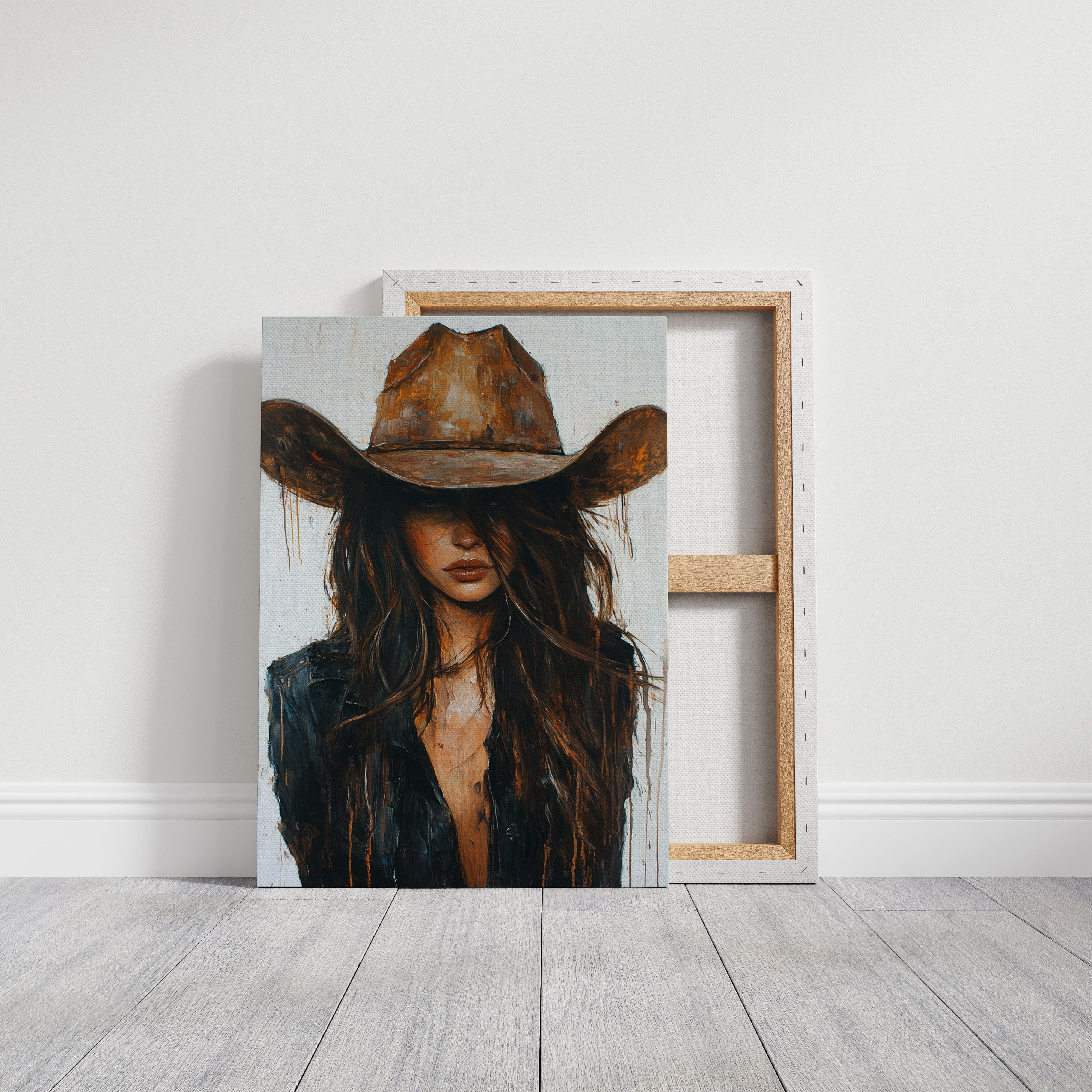 rustic glam cowgirl artwork with denim and cowboy hat