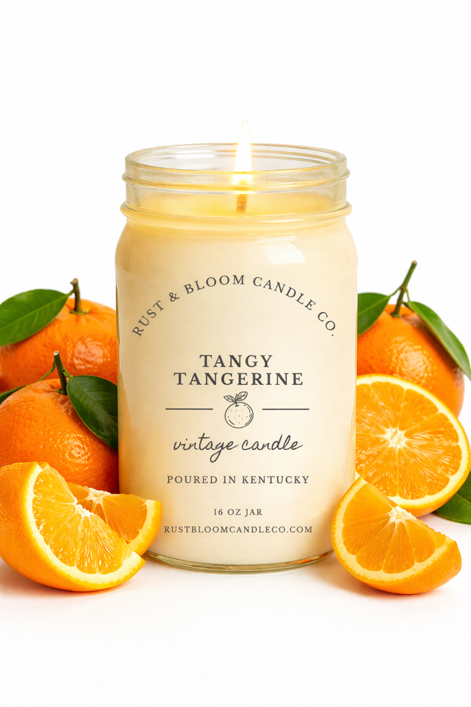 citrus scented soy candle in rustic jar