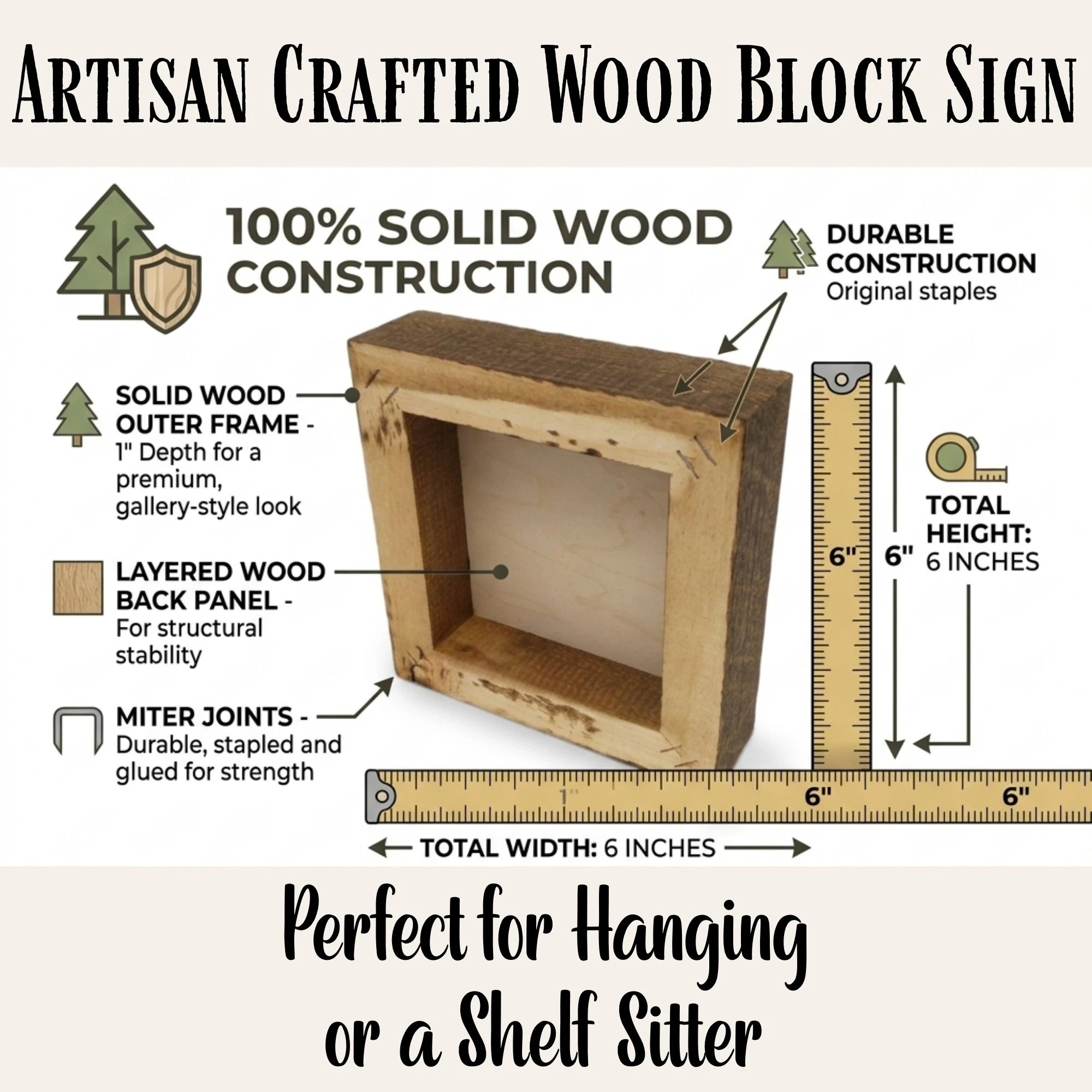 Wooden block sign with construction details and measurements on a beige background