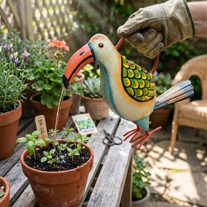 Decorative toucan bird watering plants on a wooden table with a garden background.