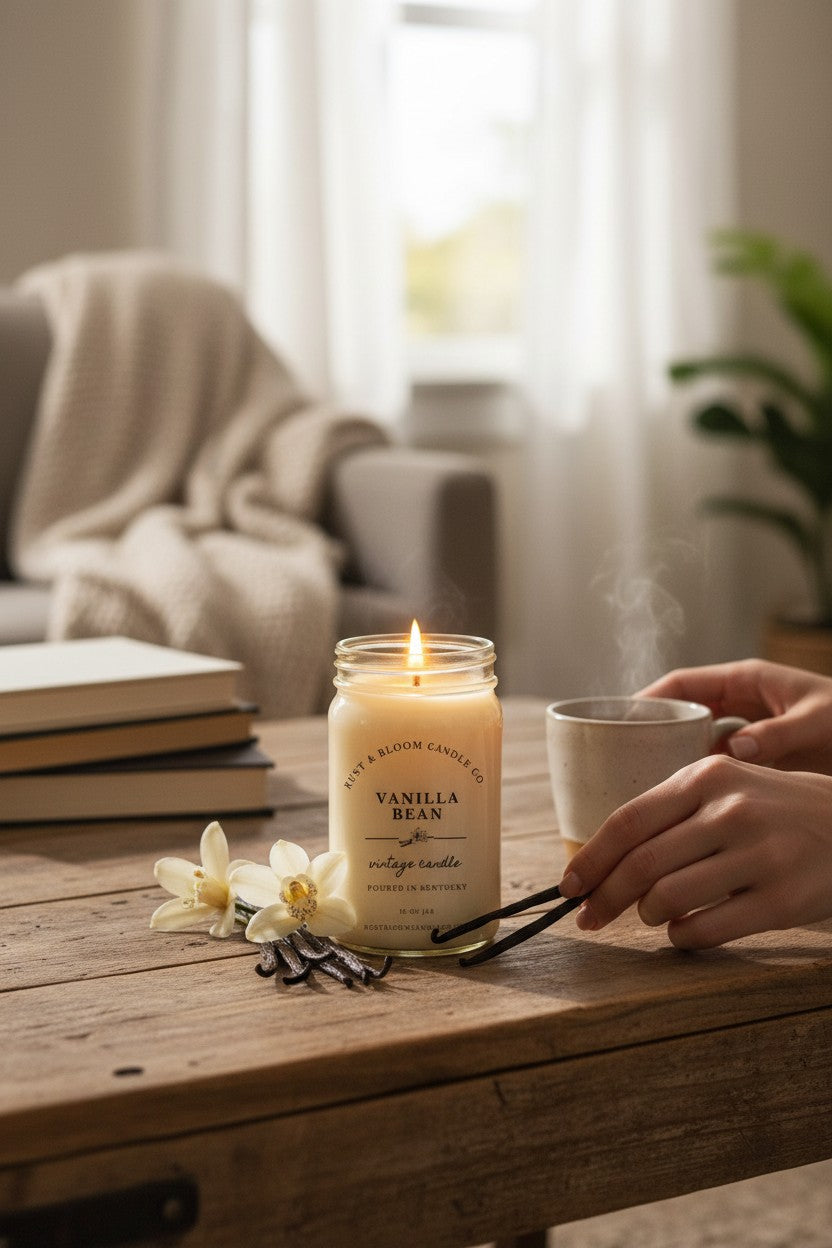 Farmhouse World Vanilla Bean 16 oz soy candle in a glass jar, surrounded by vanilla beans and orchids.