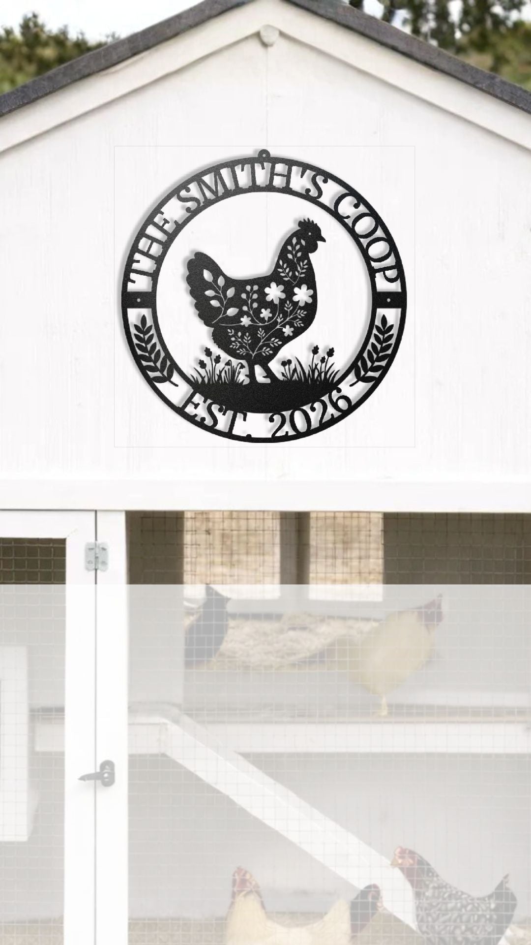 personalized chicken coop sign with a chicken on it mounted on a white chicken coop