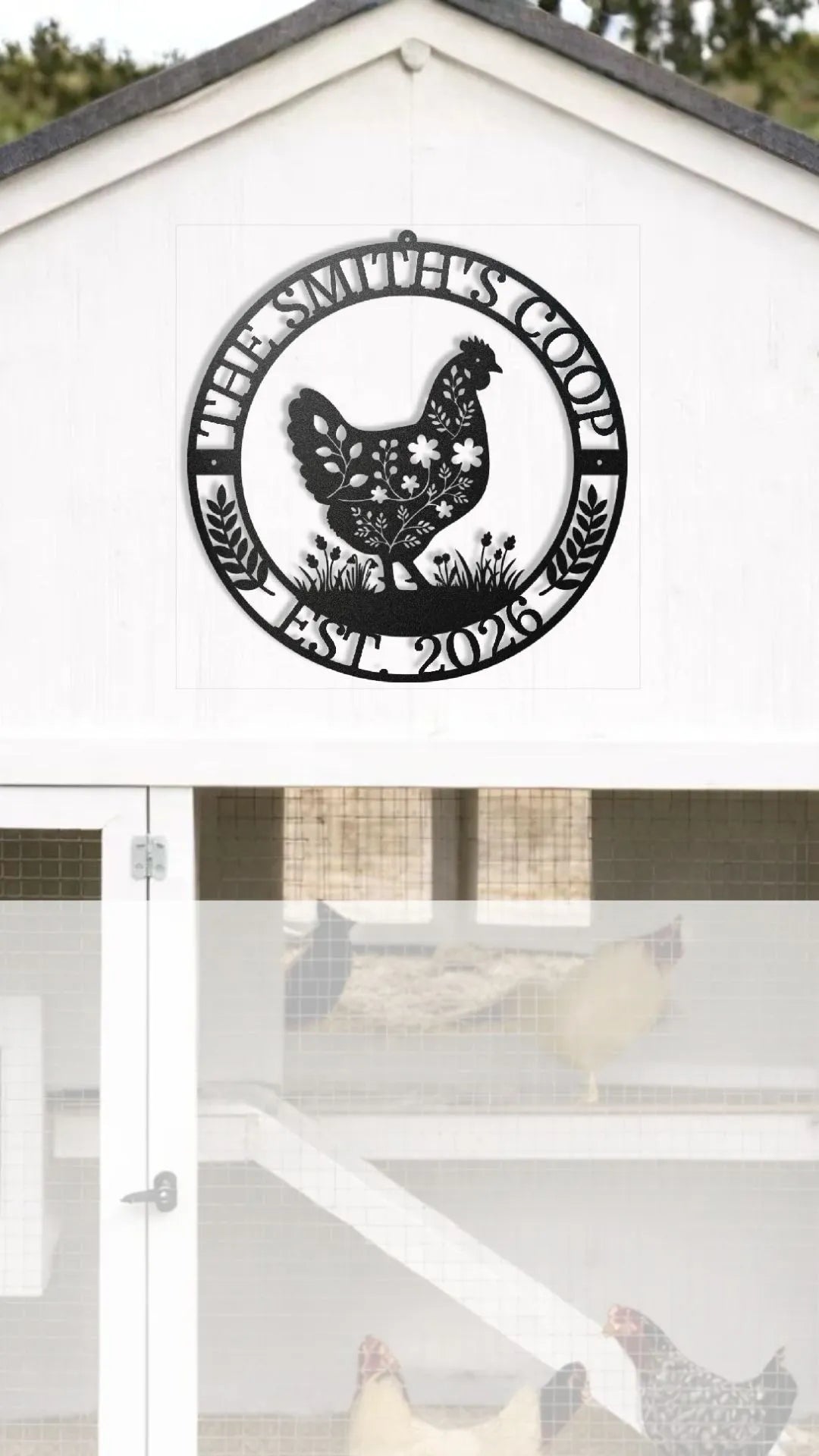 personalized chicken coop sign with a chicken on it mounted on a white chicken coop