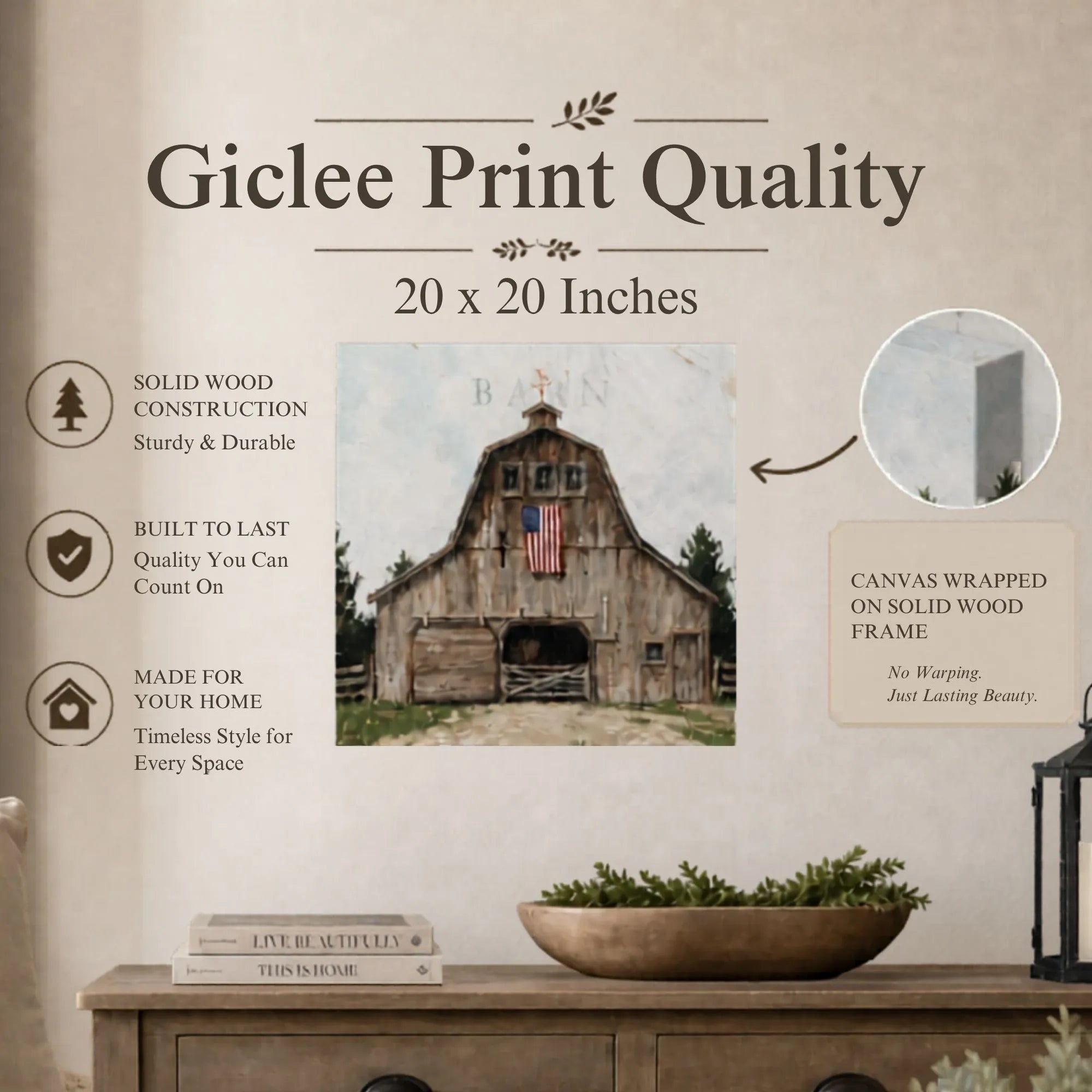 Giclee print of a barn with giclee print quality details on a wall.