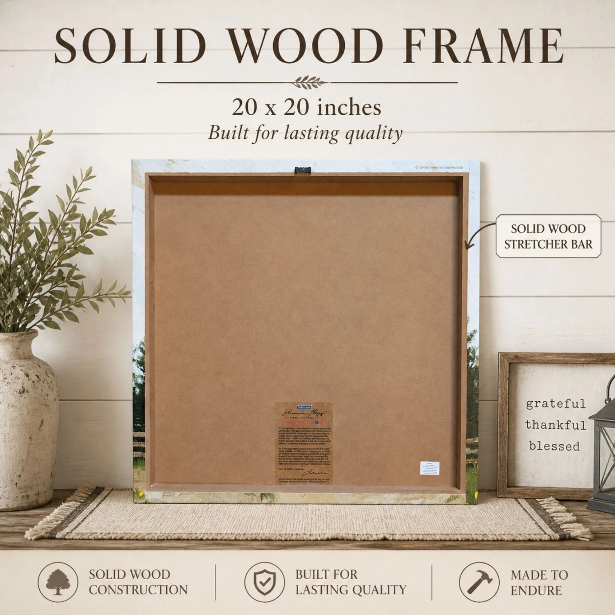 20x20 inch solid wood frame with decorative elements on a neutral background