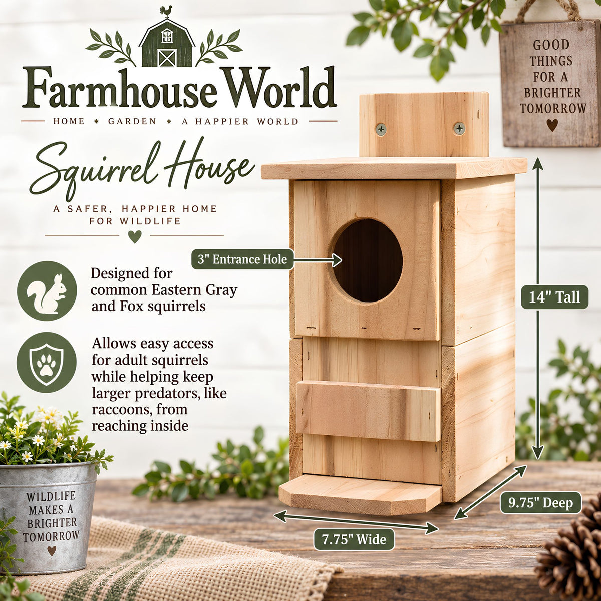 A wooden squirrel house by Farmhouse World shown on a rustic tabletop with decorative plants and signage. The product is a light natural wood birdhouse-style squirrel shelter with a round entrance hole, front perch, and small roof extension.