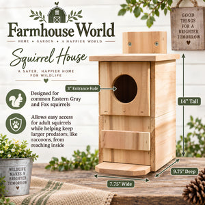 A wooden squirrel house by Farmhouse World shown on a rustic tabletop with decorative plants and signage. The product is a light natural wood birdhouse-style squirrel shelter with a round entrance hole, front perch, and small roof extension.