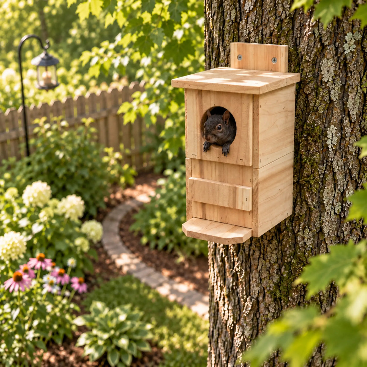 A light natural wood squirrel house mounted on a tree trunk in a lush green backyard garden, with a small dark squirrel peeking out from the circular entrance.