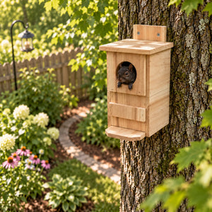 A light natural wood squirrel house mounted on a tree trunk in a lush green backyard garden, with a small dark squirrel peeking out from the circular entrance.