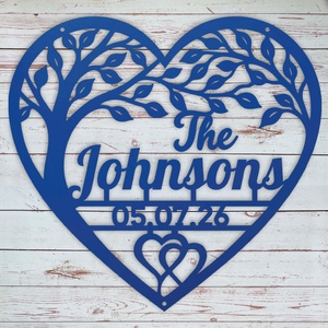 Blue Personalized family name heart sign with custom last name and special date
