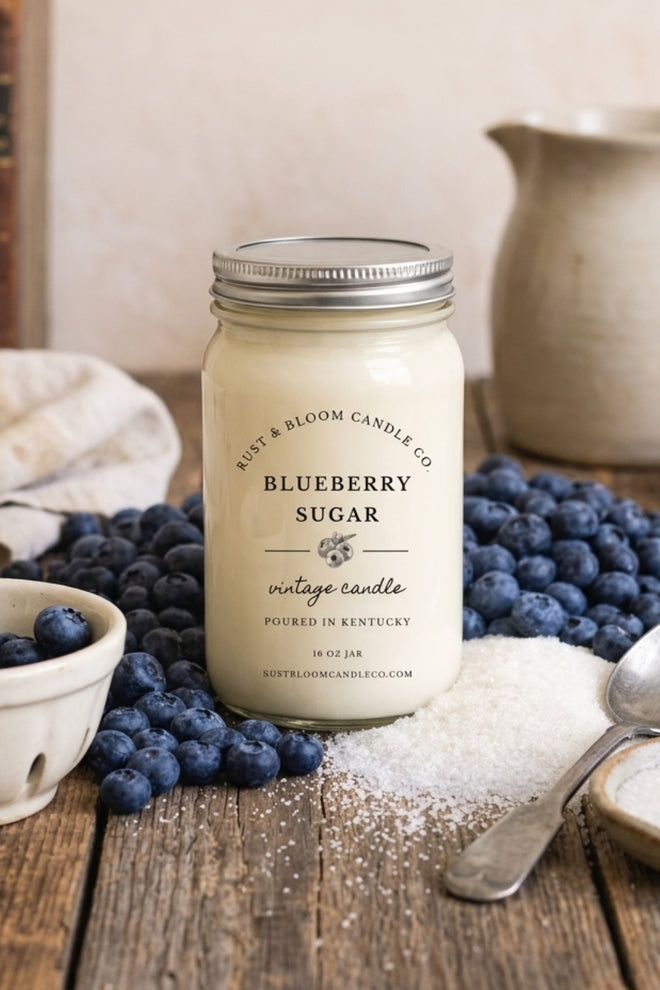A "Blueberry Sugar" vintage candle in a 16 oz glass mason jar with a silver metal lid, placed on a weathered wooden table in a rustic kitchen. The candle label features the "Rust & Bloom Candle Co." logo and "Poured in Kentucky" text. Surrounding the candle are piles of fresh blueberries, a mound of granulated sugar, a vintage silver spoon, and small ceramic bowls containing more berries and sugar. In the soft-focus background, a stack of old books and a ceramic pitcher sit against a neutral, textured wall,