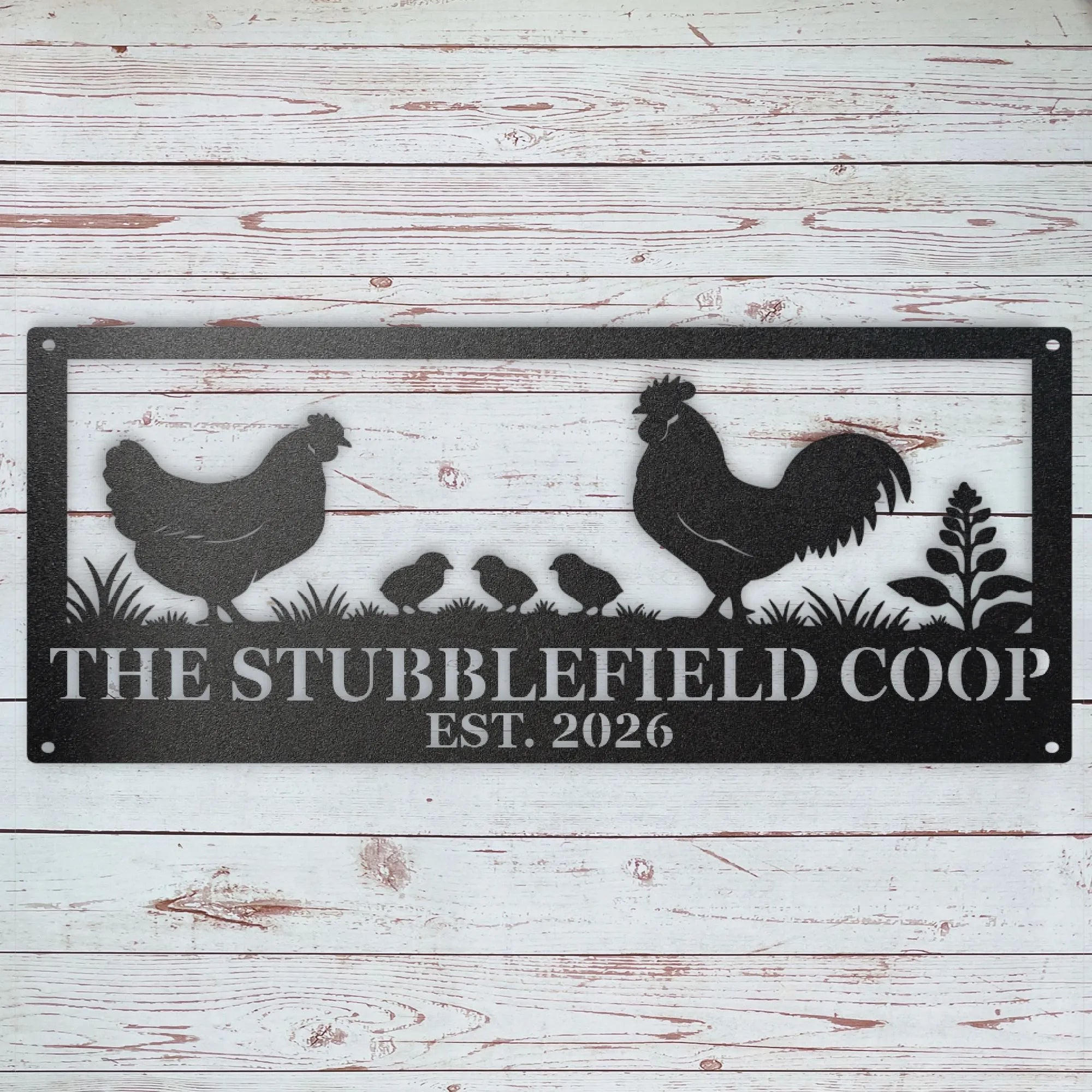 Custom chicken family metal sign with rooster, hen, chicks, personalized flock name and established year