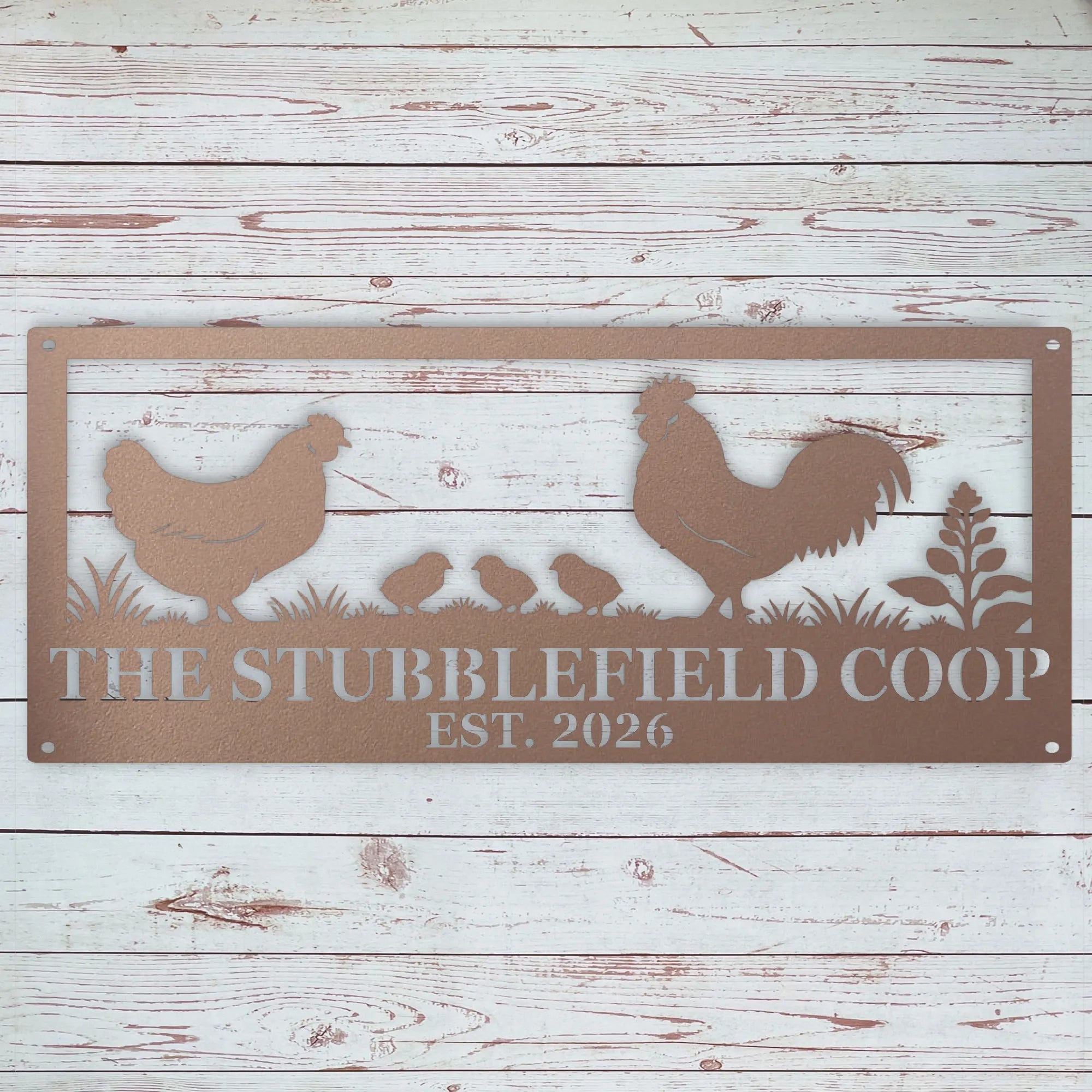 A rectangular metal sign with a rustic wood-plank background design, featuring silhouettes of a rooster, hen, three chicks, and plants. The sign is personalized with the text 'THE STUBBLEFIELD COOP' and 'EST.