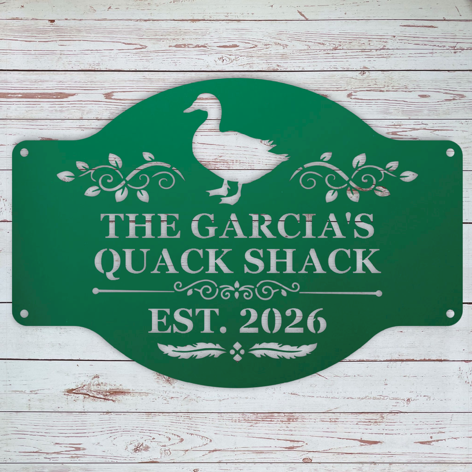 Green Personalized duck coop metal sign for backyard ducks and homesteads