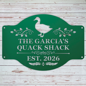Green Personalized duck coop metal sign for backyard ducks and homesteads