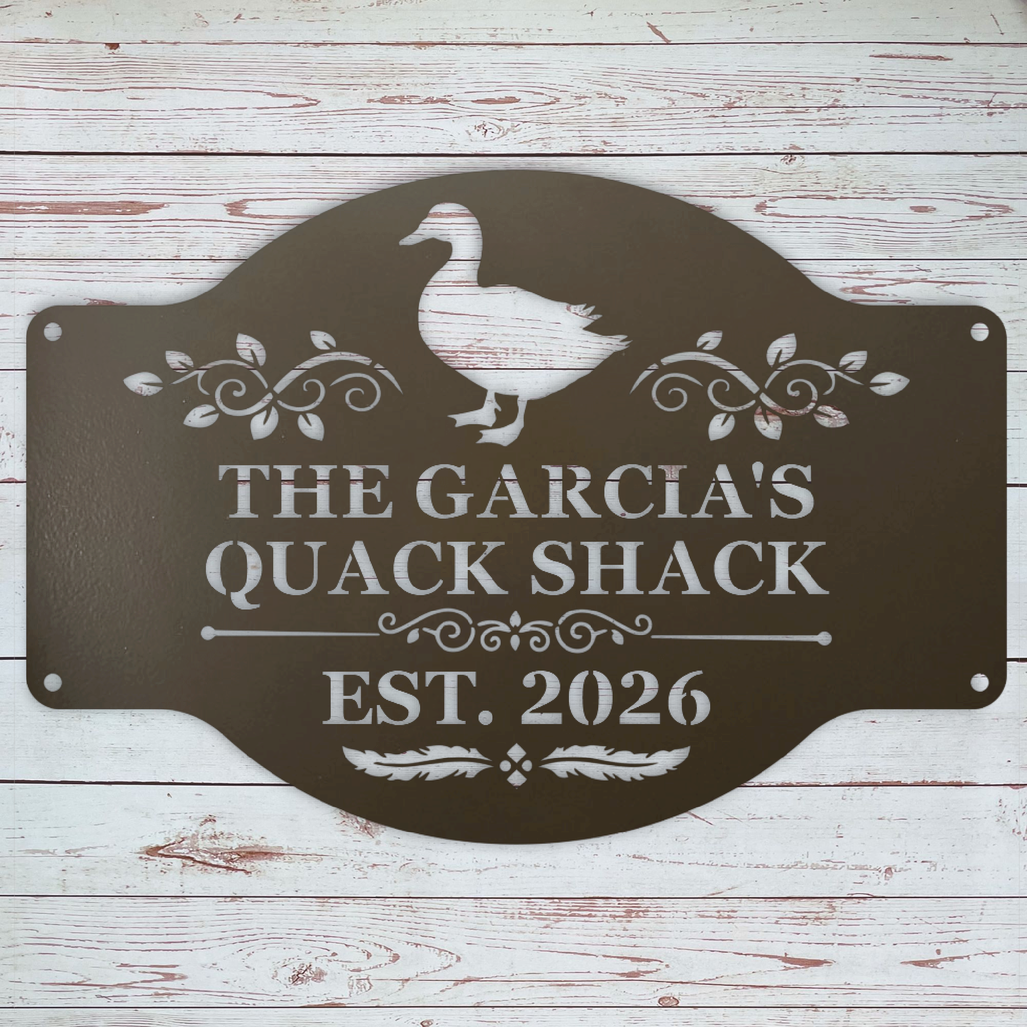 Brown Custom metal duck house sign made from powder coated 16-gauge steel