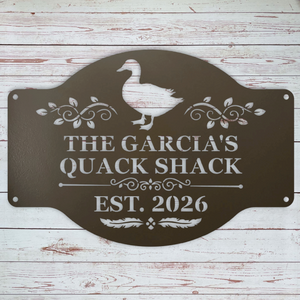 Brown Custom metal duck house sign made from powder coated 16-gauge steel