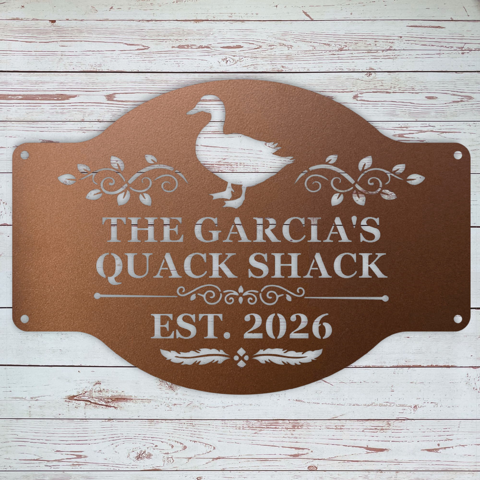 Custom metal duck house sign made from powder coated 16-gauge steel