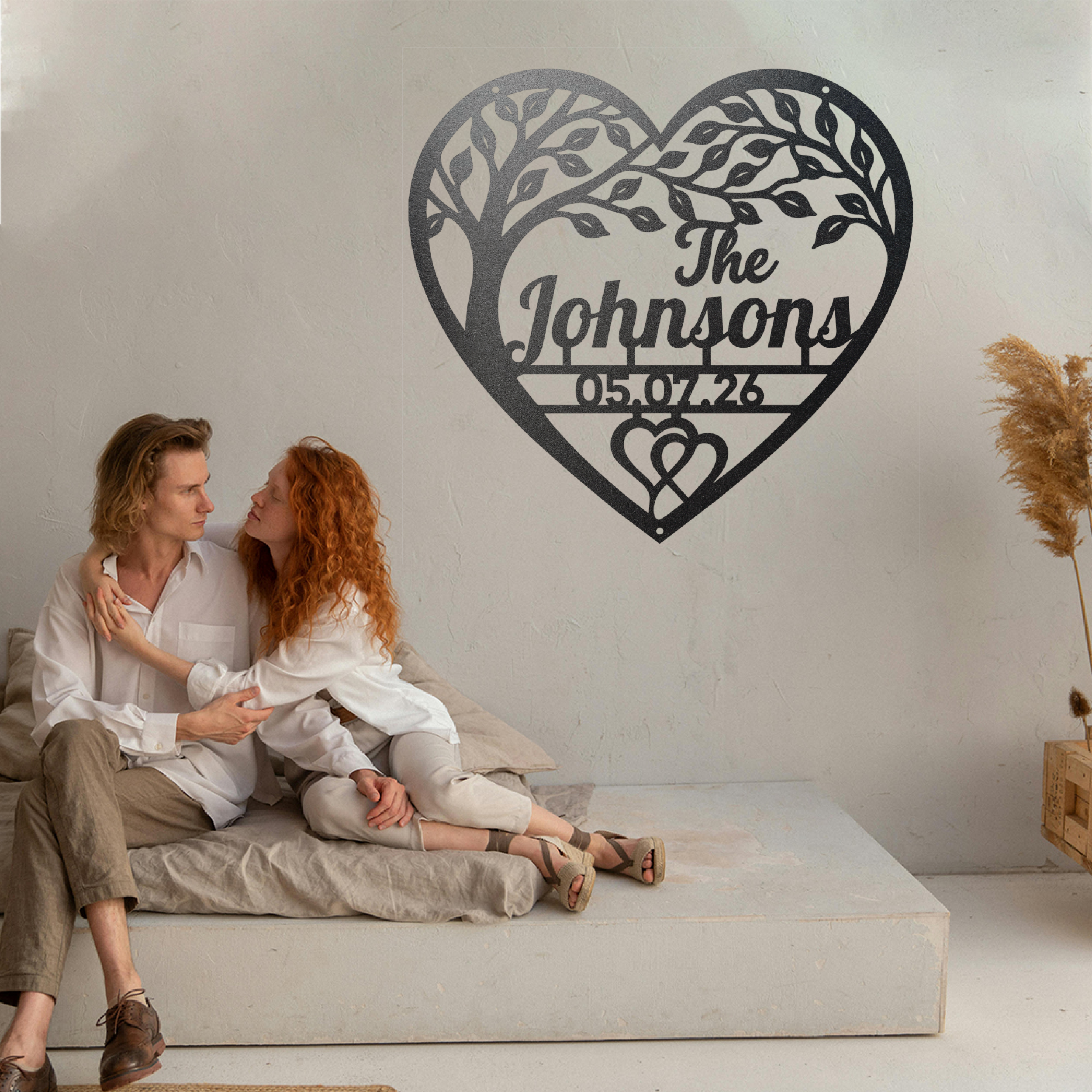 Personalized Metal Wall Art Family Tree Design Custom Heart Frame With Name Elegant Home Living Room Decoration Anniversary Gift Idea Metal Tree Art Piece Custom Date Engraving Beautiful Branch Pattern Meaningful Family Gift Heirloom