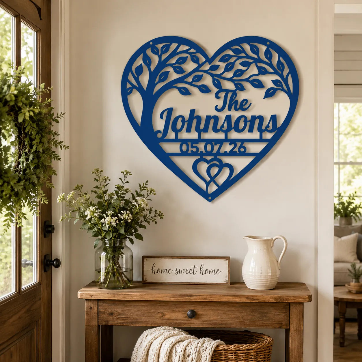 Personalized family name heart sign displayed as entryway wall decor