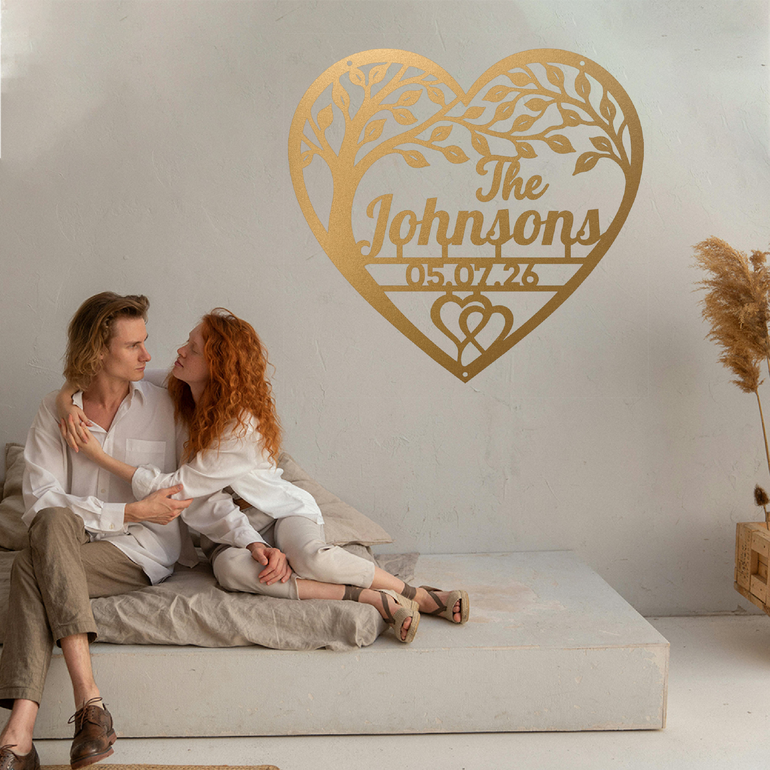 Gold personalized family name heart metal sign with custom date