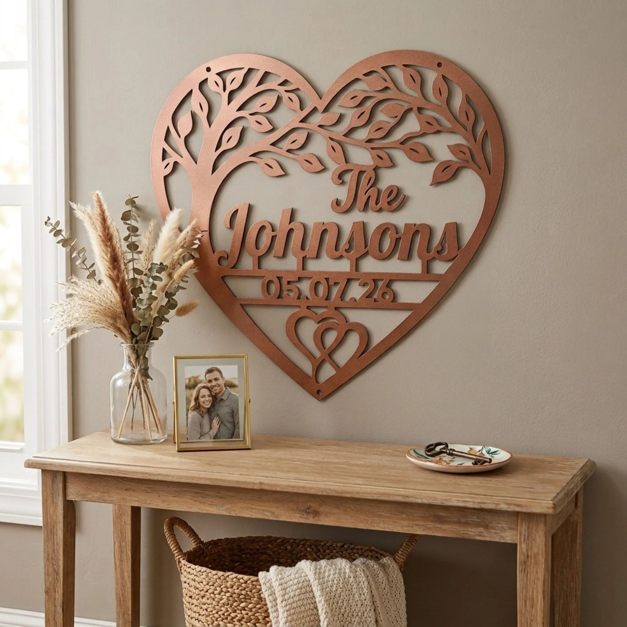 Personalized family name heart sign displayed as living room wall decor