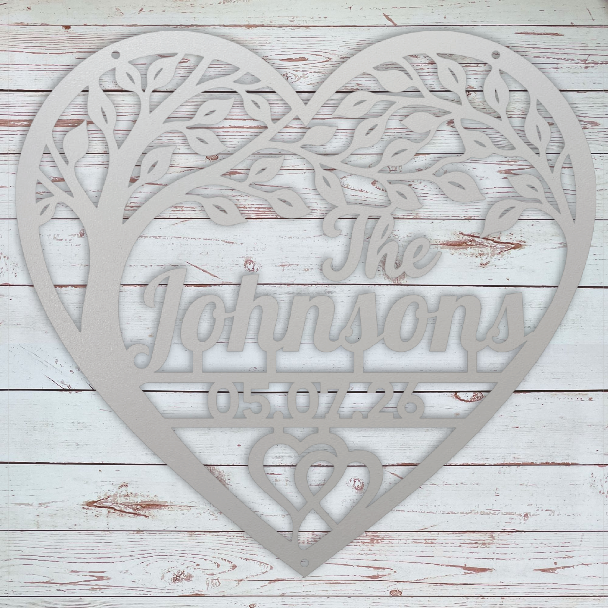 Personalized metal family name heart sign for outdoor wall display