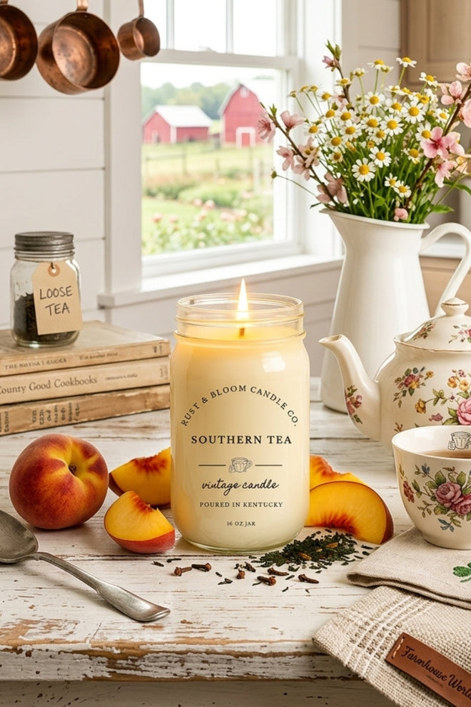A Southern Tea jar candle packaged as a rustic gift idea for housewarmings or Southern-themed gift baskets.