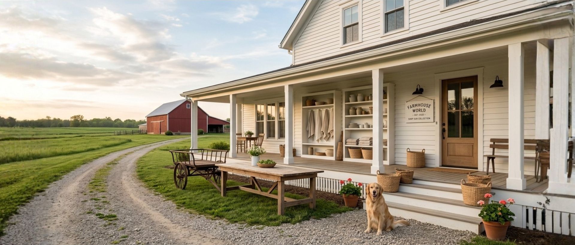 Farmhouse with a gravel driveway and green fields in the background.