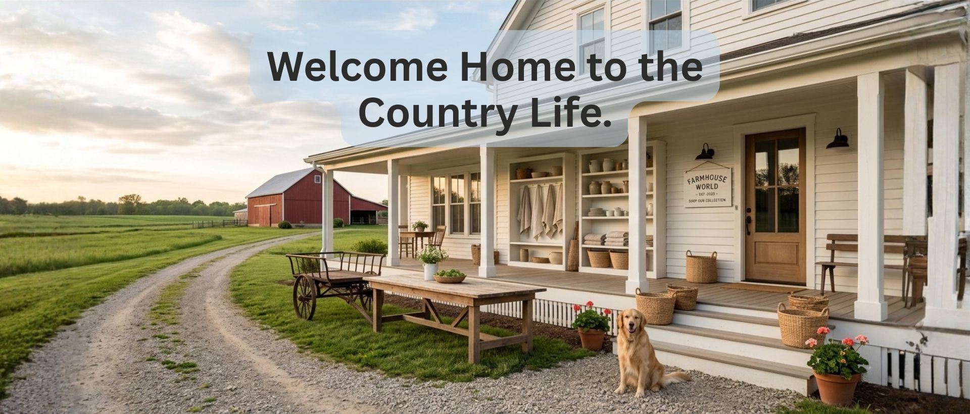Country-style house with a welcoming message 'Welcome Home to the Country Life' on a scenic background.