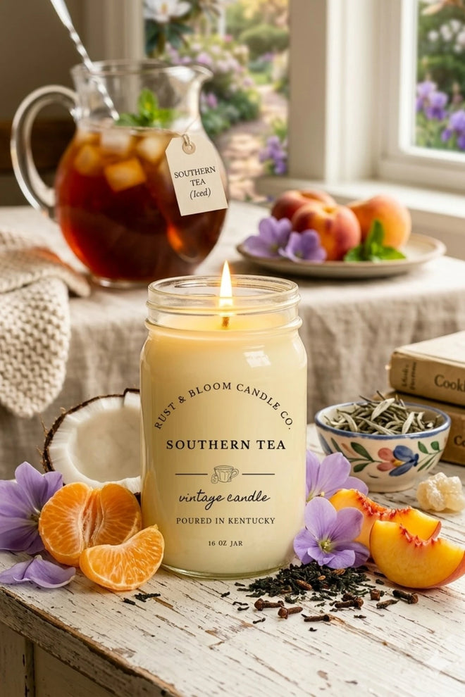 A Southern Tea jar candle packaged as a rustic gift idea for housewarmings or Southern-themed gift baskets.