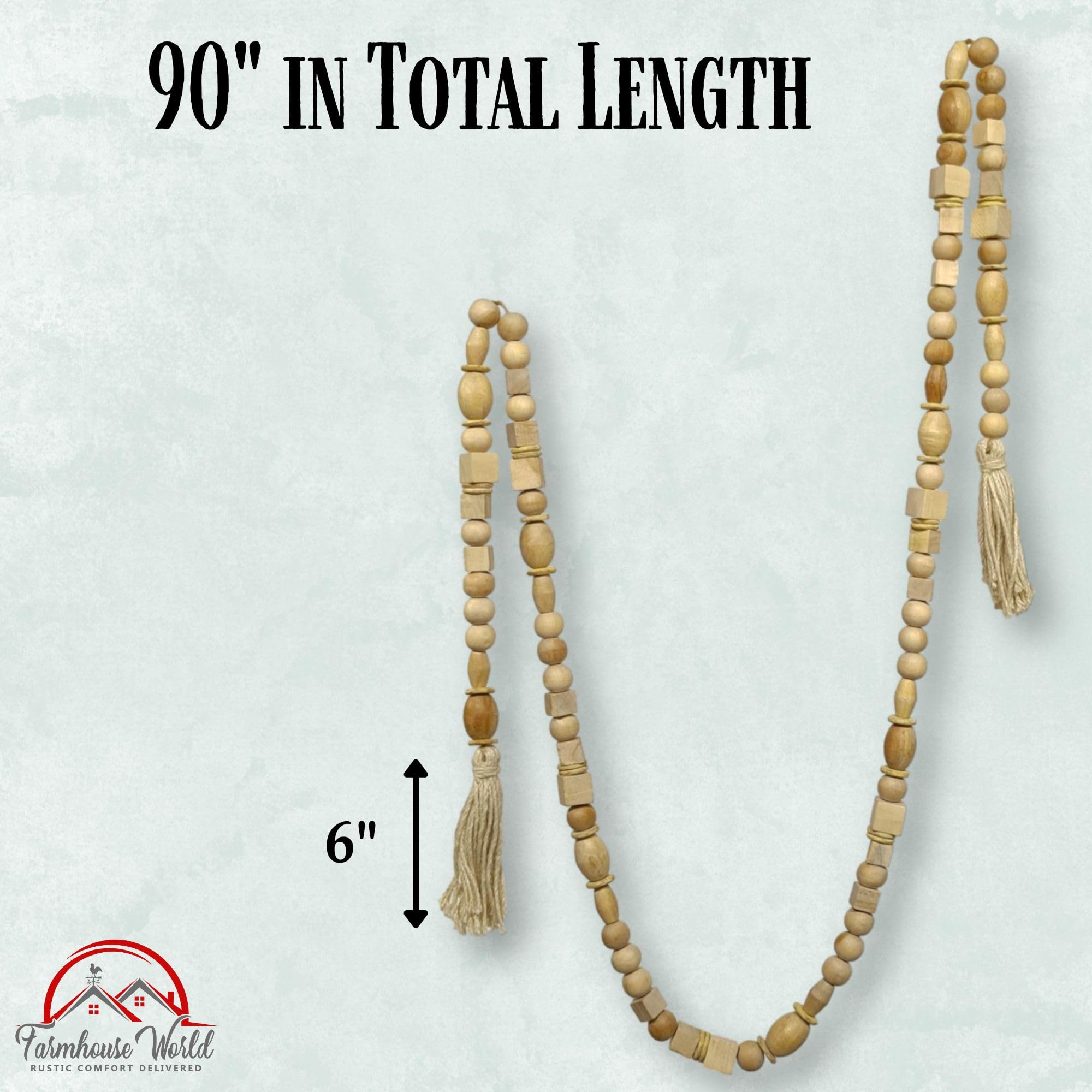 Farmhouse World boho wood bead garland with tassels